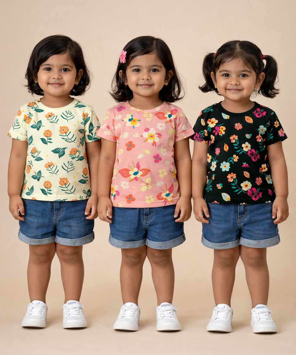 Kids Girls Cotton Printed T-shirt | 0 to 3 Years (Pack Of 3 Pieces)