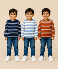 Kids Boys Cotton Stripes Full Sleeve T-shirt | Age 0-3 Years (Pack of 3)