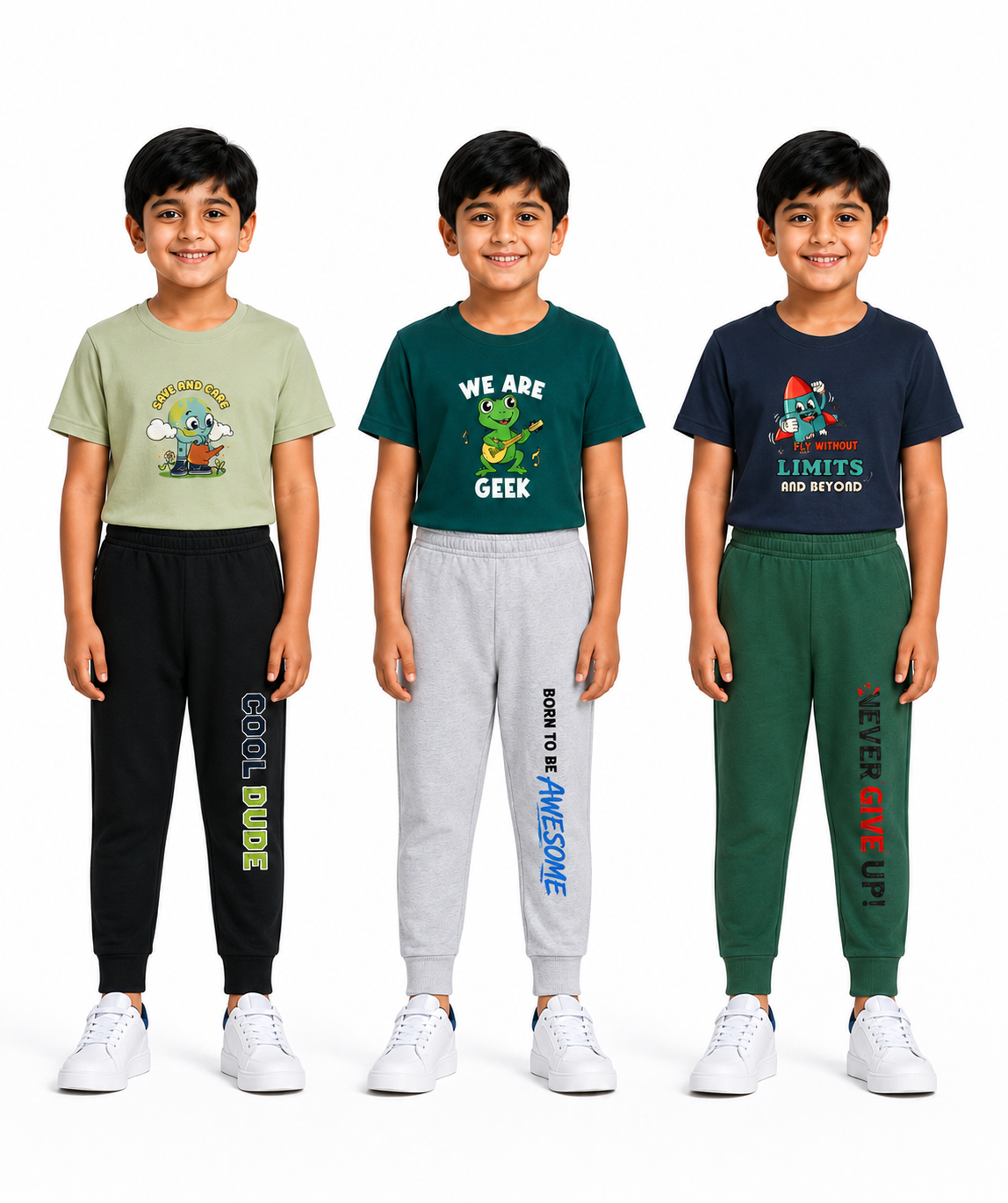 Boys Graphic Printed T-Shirt & Typography Track Pant Co-Ord Set | Age 2-5 Years | Pack Of 3 Set