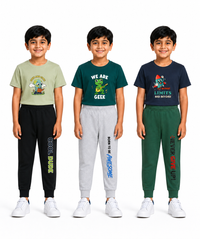 Boys Graphic Printed T-Shirt & Typography Track Pant Co-Ord Set | Age 2-5 Years | Pack Of 3 Set