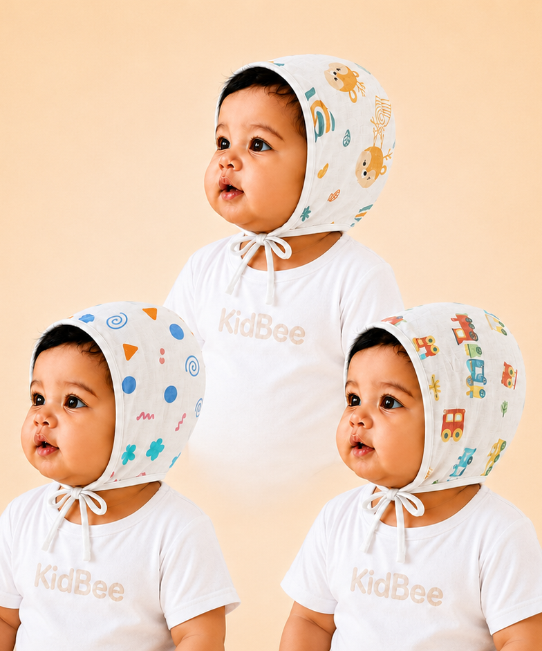 Baby Muslin Cotton Printed Bonnet Cap with Chin Tie – Soft & Comfortable Infant Headwear | 0–12 Months (Pack of 3)