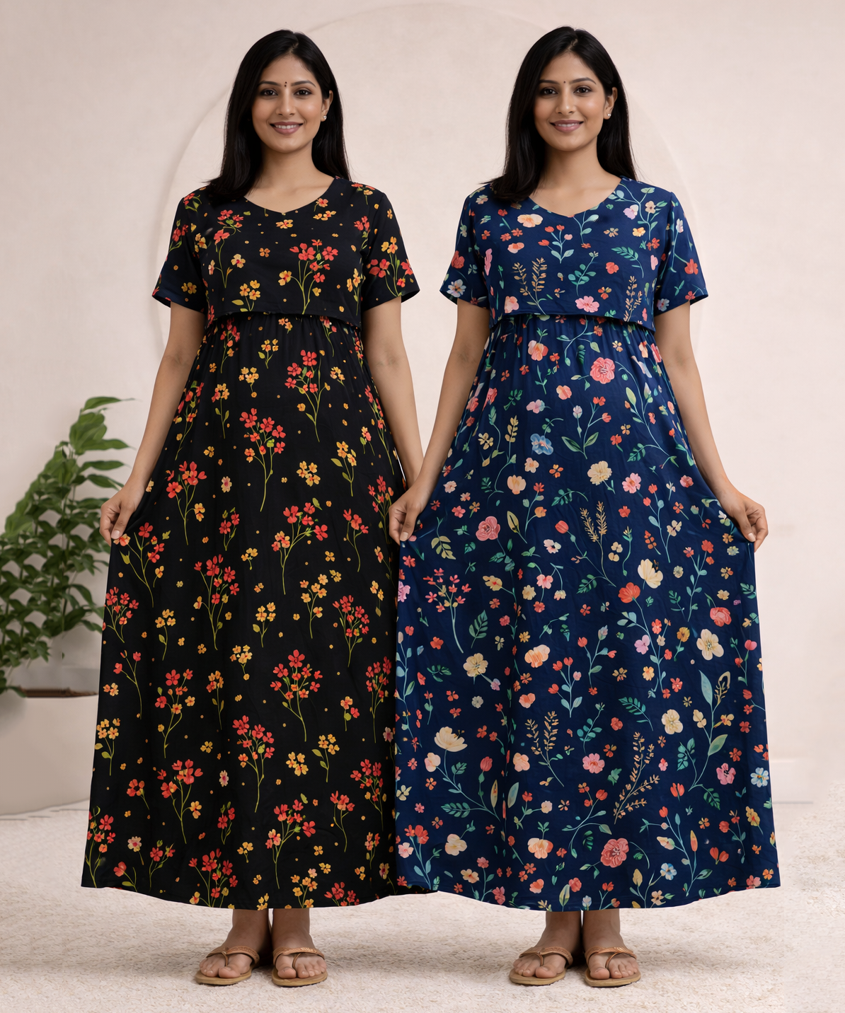 Maternity Feeding Maxi Dress | Nursing Friendly Nighty Style (Pack of 2 Pieces)