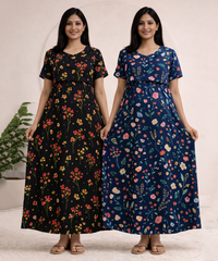 Maternity Feeding Maxi Dress | Nursing Friendly Nighty Style (Pack of 2 Pieces)
