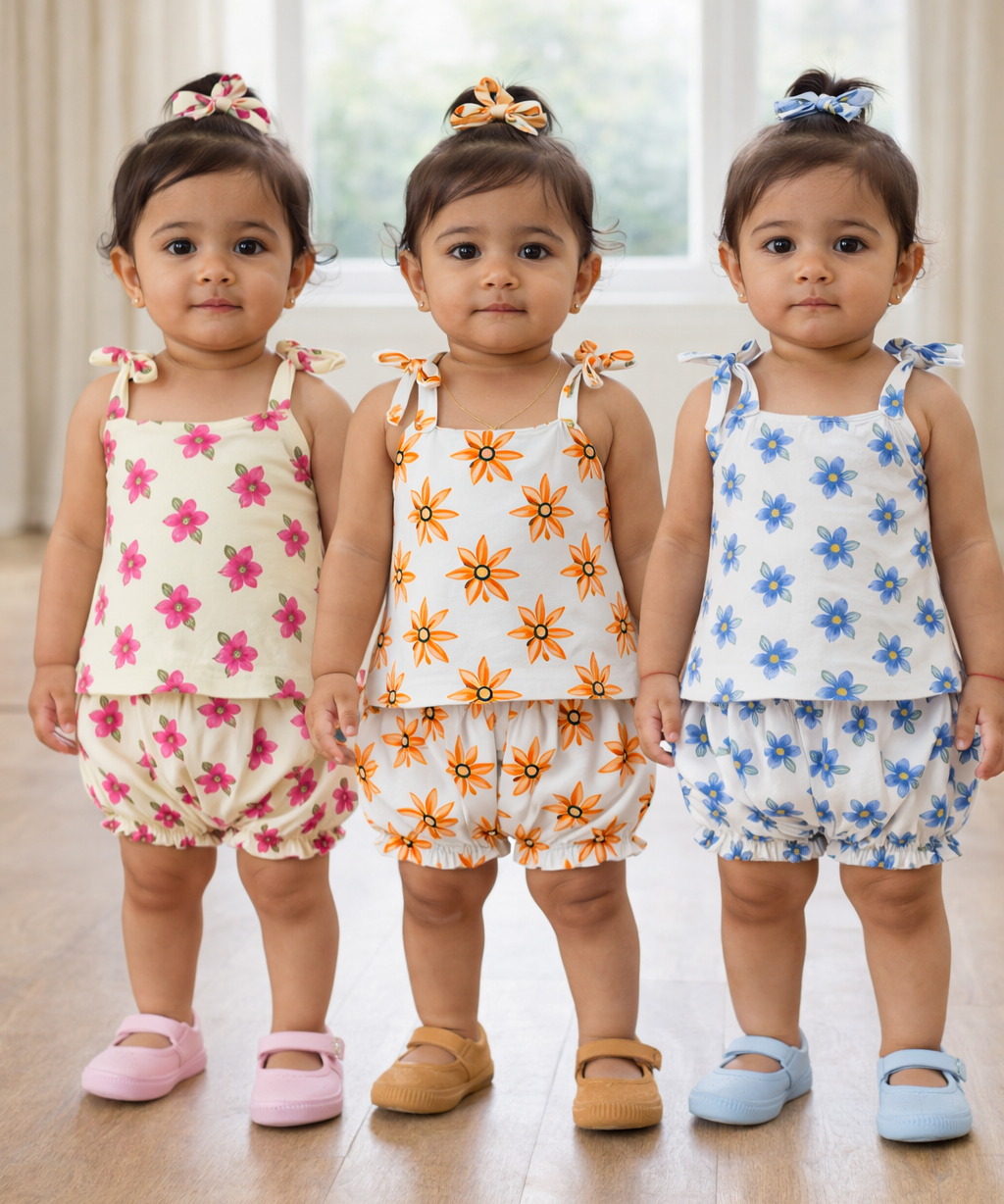 Boy & Girl Baby Printed Top Knot Dress | Top and Shorts Set | 100% Pure Cotton (Pack of 3 Sets Combo)