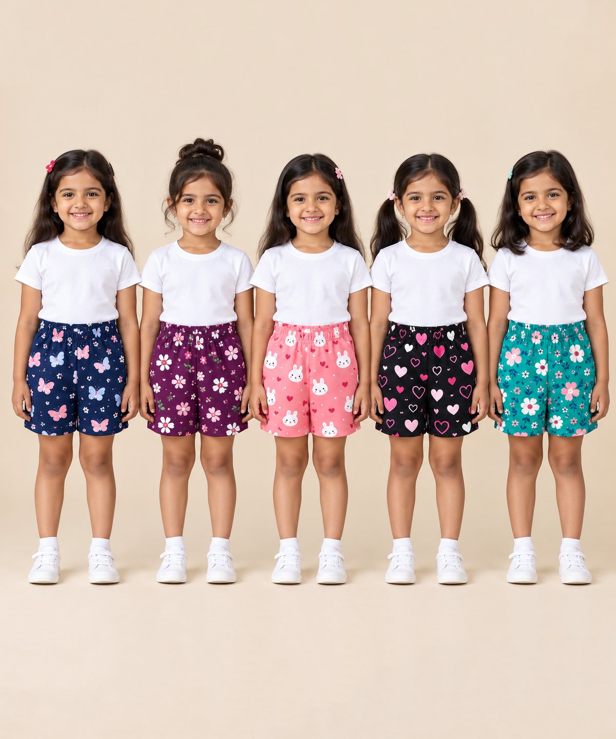 Girls Printed Cotton Shorts | Soft Elastic Waist Casual Shorts | Age 4 to 12 Years (Pack of 5 Pieces)