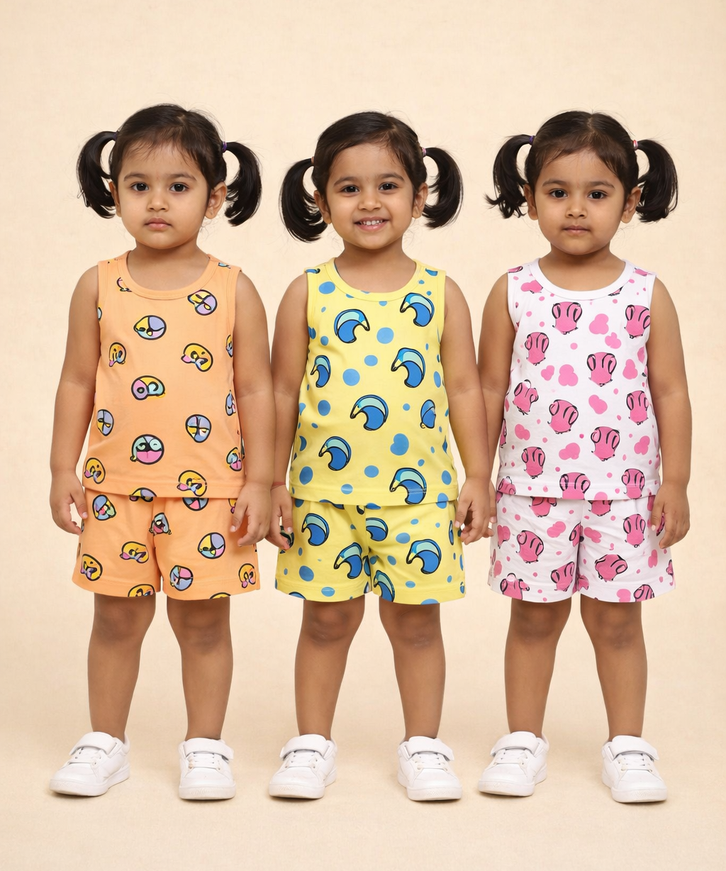 Girls Cotton Cartoon Printed Kids Sleeveless Set Combo | Age 0 to 3 Years | Sleeveless T-shirt & Shorts Co-ord Set (Pack of 3 Sets)