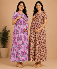 Maternity Feeding Maxi Dress | Nursing Friendly Nighty Style (Pack of 2 Pieces)