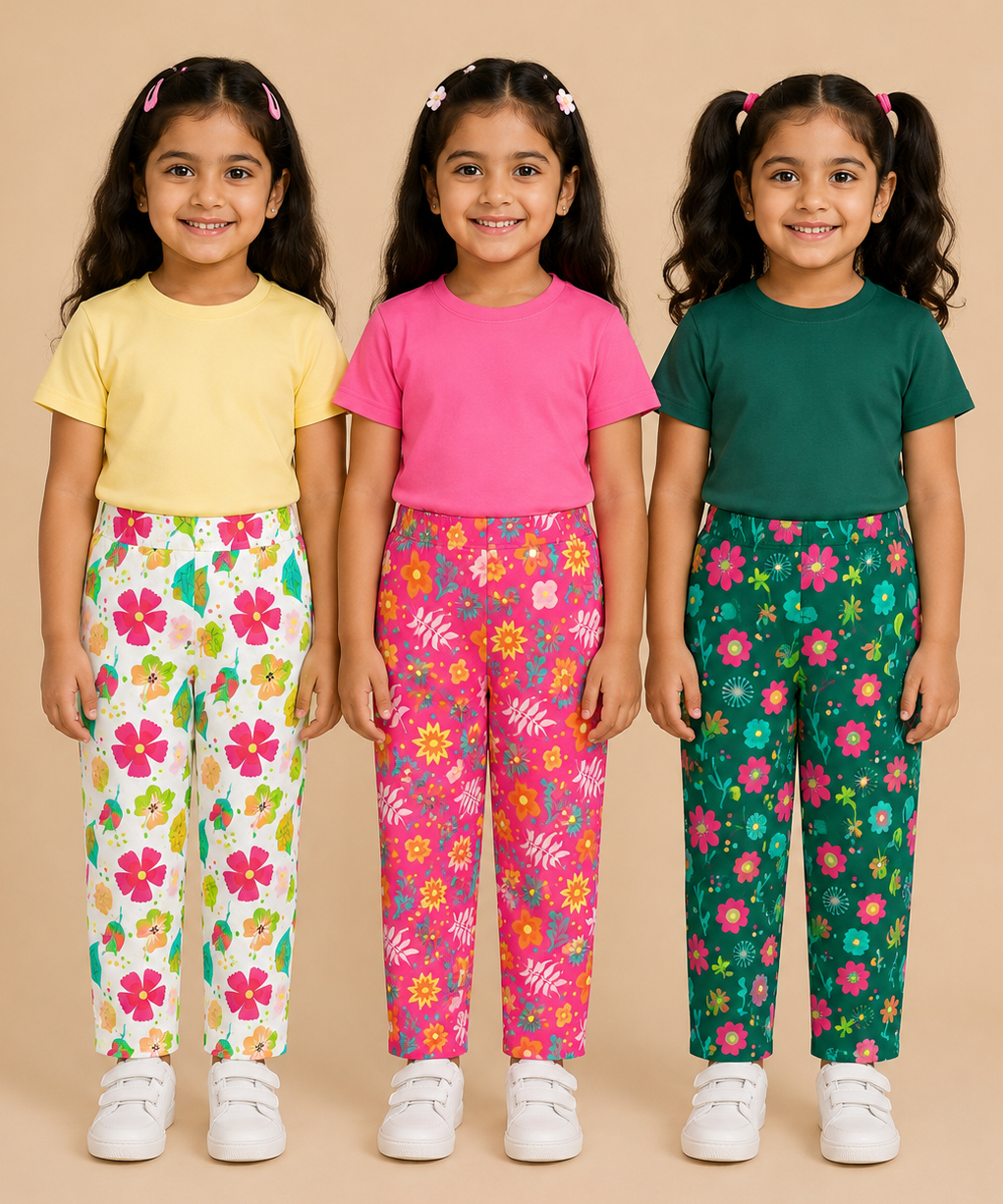 Pure Cotton Girls Printed Track Pant for Casual Night wear for Kids | Age 0 To 8 Years (Pack of 3)