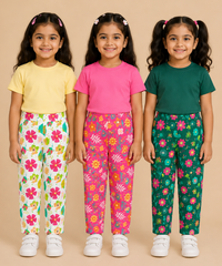 Pure Cotton Girls Printed Track Pant for Casual Night wear for Kids | Age 0 To 8 Years (Pack of 3)