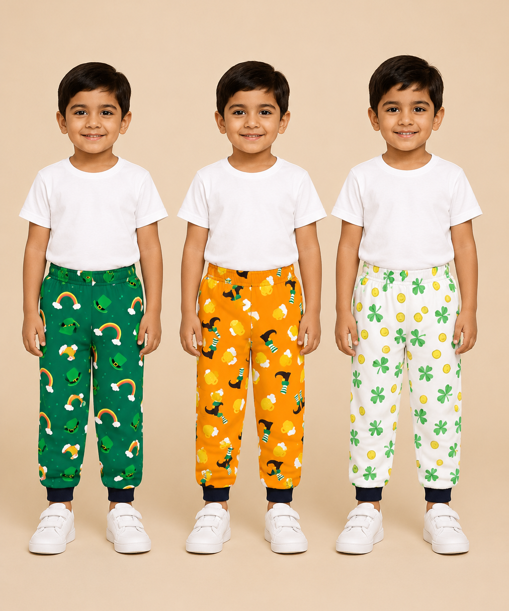 Kids Printed Cotton Track Pants for Boys | Soft Elastic Waist Full Length Joggers | Age 6 Months-5 Years | Pack of 3 Pieces
