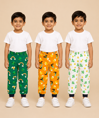 Kids Printed Cotton Track Pants for Boys | Soft Elastic Waist Full Length Joggers | Age 6 Months-5 Years | Pack of 3 Pieces