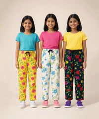 Girls Cotton Printed Track Pants (Pack of 3) | Nightwear & Casual | 6–9 Years