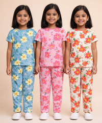 Girl Kids All Over Printed Co-ord Set | Tshirt and Pant | Age 2 to 10 Years (Pack of 3 Sets)