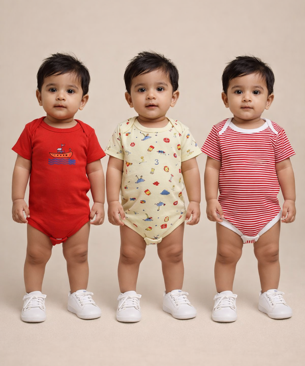 Boy & Girl Baby Half Sleeve Bodysuit | 100% Pure Cotton | Age 0-12 Months (Pack of 3 Combo)