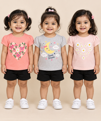 Baby Girls All Over Printed Cotton T-Shirt Multi Colour | Age 3 to 24 Months (Pack of 3 Pieces)