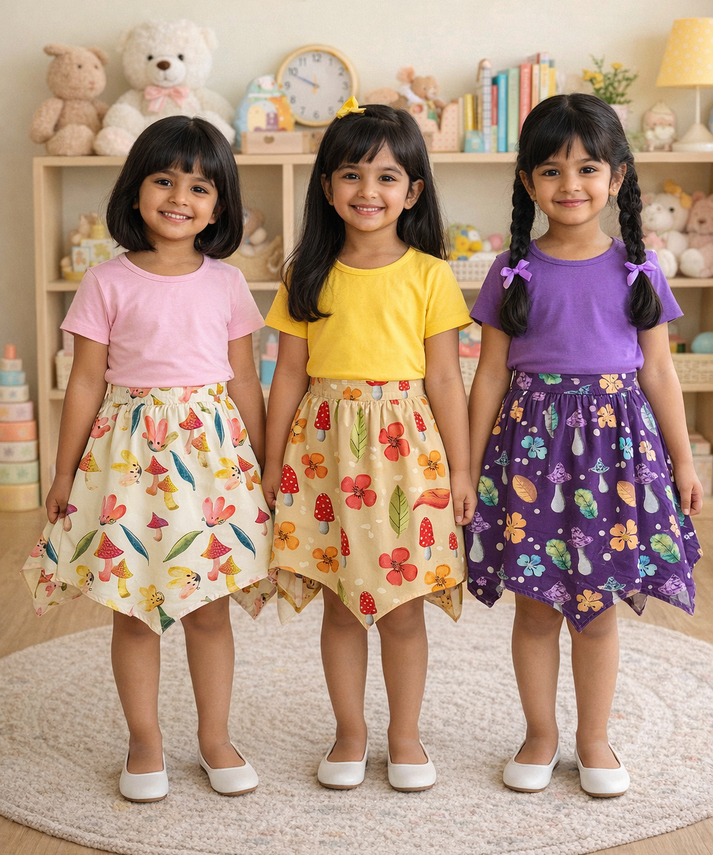 Cotton Fish Midi Floral Printed Skirt | Casual wear for Girl Kids Age 2 To 9 Years (Pack of 3)