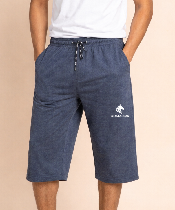 Men's Cotton Fabric 3/4 Shorts for Regular Wear | Melange Blue Color | Sizes M, L, XL, 2XL | Rolls Run