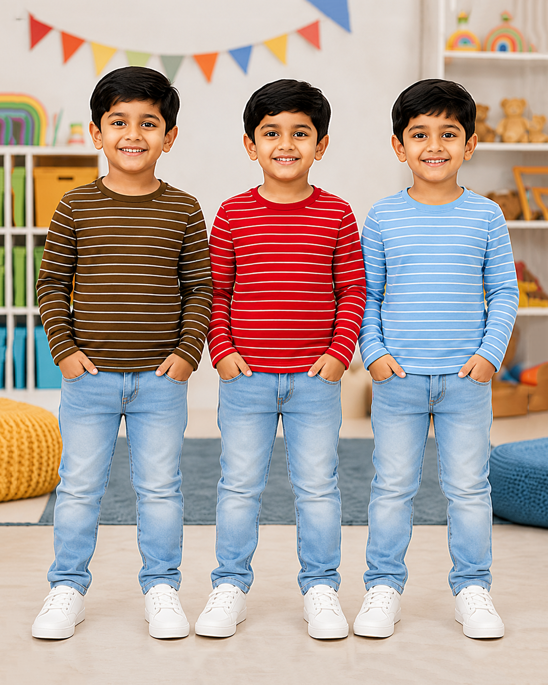 Kids Stripes Full Sleeve Cotton Tshirt | Age 0 to 3 Years (Pack of 3 Pieces)