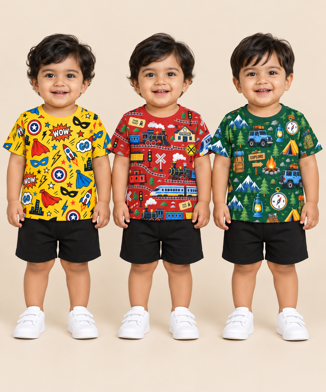 Baby Boys All Over Printed Cotton T-Shirt Multi Colour | Age 0 to 36 Months (Pack of 3 Pieces)