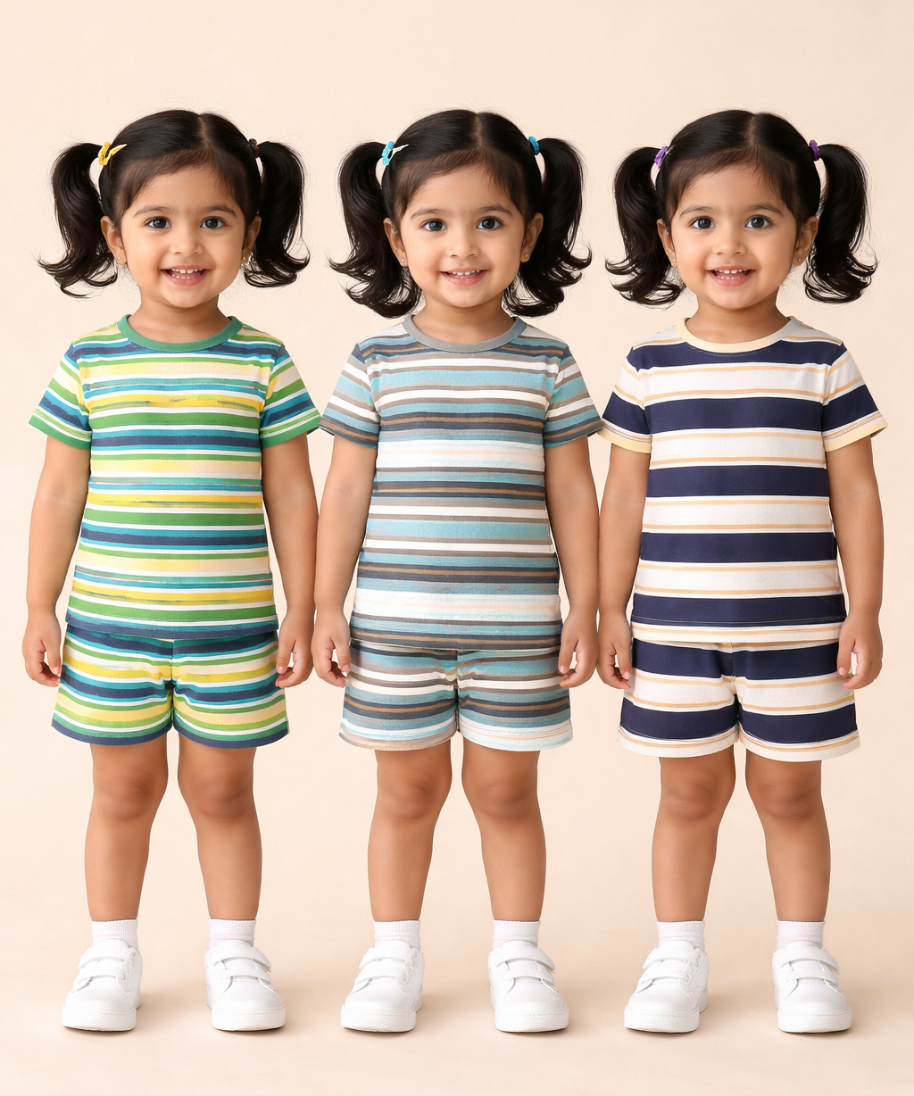 Girls Cotton Stripes Kids Co-ord Set Combo / Age 1-4 Years | T-shirt & Shorts (Combo Set Pack of 3)