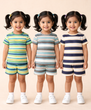 Girls Cotton Stripes Kids Co-ord Set Combo / Age 1-4 Years | T-shirt & Shorts (Combo Set Pack of 3)