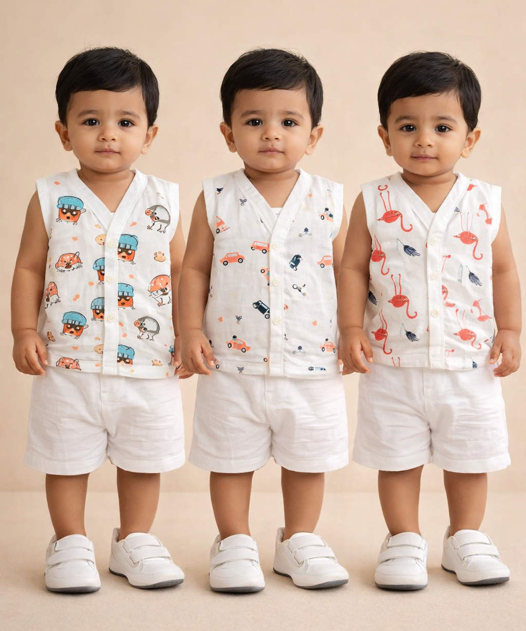 Baby Boys Sleeveless Muslin Cotton Printed Vest | 3–6 Months (Pack of 3)