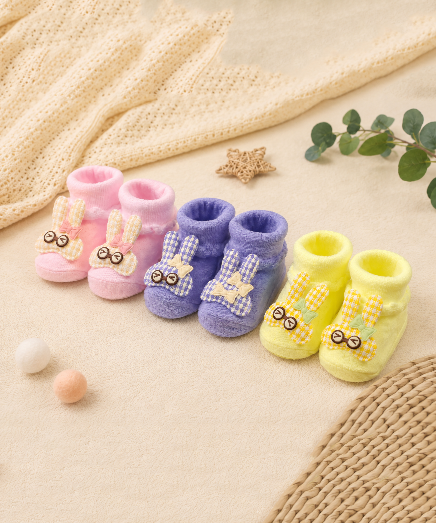 Soft Cotton Baby Booties | 0 to 12 Months | Pack of 3 Pairs Set