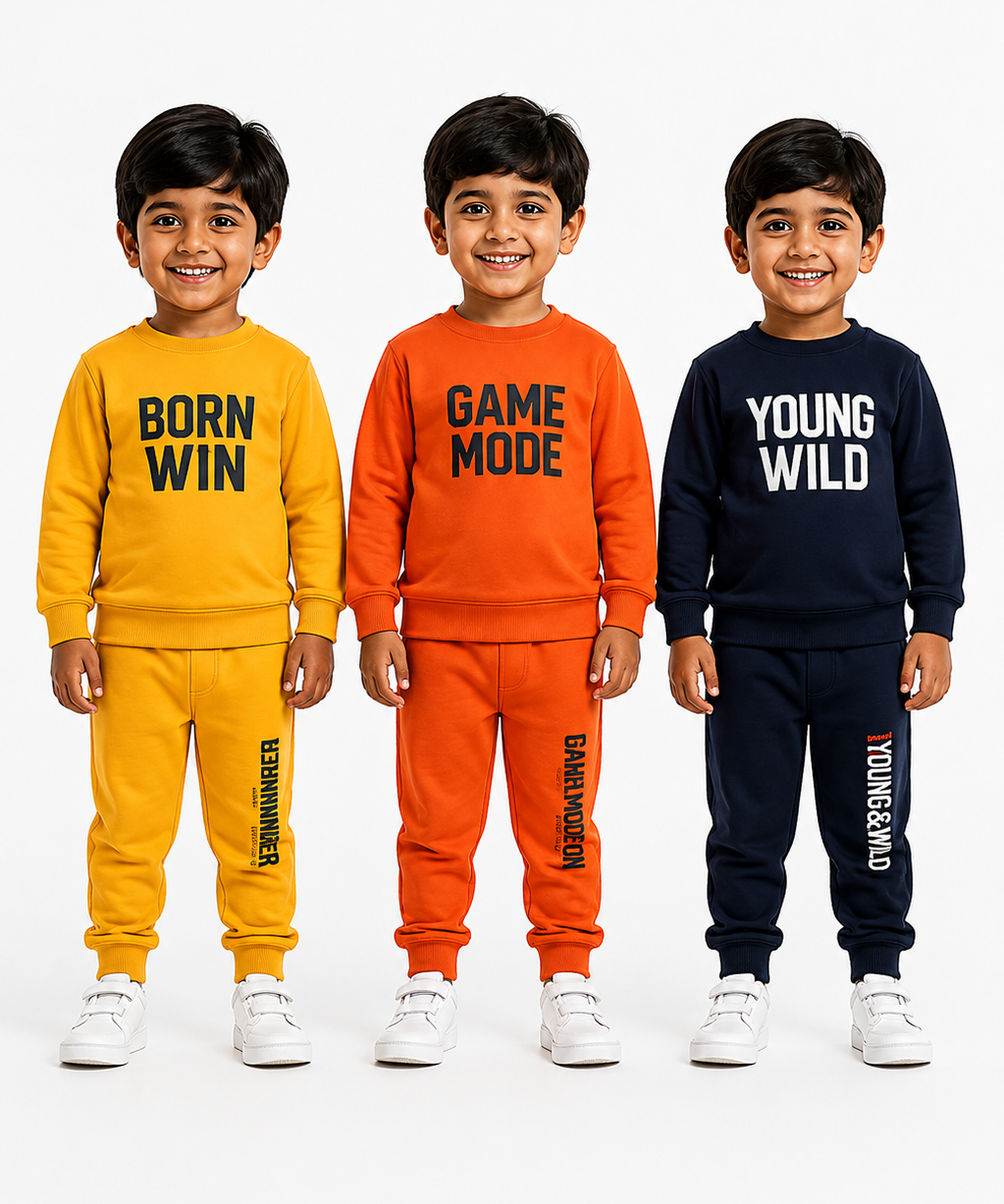 Boys Full Sleeve Cotton Winter Co-Ord Set | Typography Chest Printed Sweatshirt & Jogger Track Pant | Age 1 to 4 Years (Pack of 3 Sets)