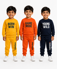 Boys Full Sleeve Cotton Winter Co-Ord Set | Typography Chest Printed Sweatshirt & Jogger Track Pant | Age 1 to 4 Years (Pack of 3 Sets)