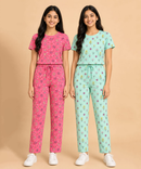 Girls Cotton All-Over Printed T-Shirt & Full-Length Pant Night Suit | Age - 9 to 15 Years | Pack of 2 Sets