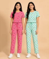 Girls Cotton All-Over Printed T-Shirt & Full-Length Pant Night Suit | Age - 9 to 15 Years | Pack of 2 Sets