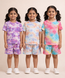 Kids Girls Tie-Dye Cloud Print Cotton T-Shirt & Shorts Co-ord Set | Pack of 3 Pieces | Age 1–4 Years