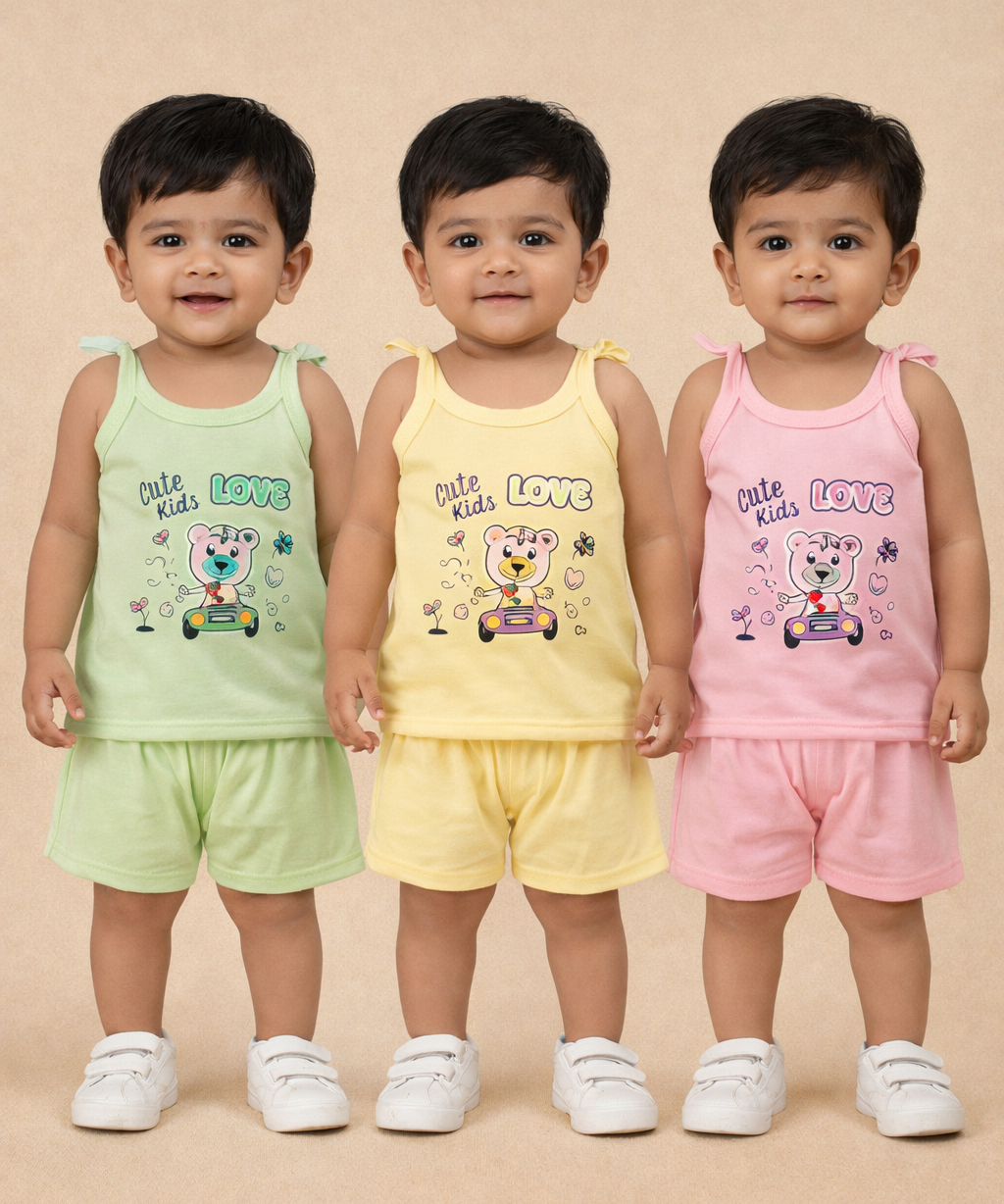 Boy & Girl Baby Printed Top Knot Dress | Top and Shorts Set | 100% Pure Cotton (Pack of 3 Sets Combo) - 2117