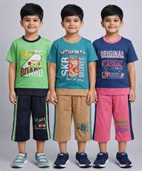 Boy Kid Co-ord Set | Half sleeve T-shirt and 3/4 pant for Boy Kids | Sizes Age 4 to 7 Years (Pack of 3 Set) - 927
