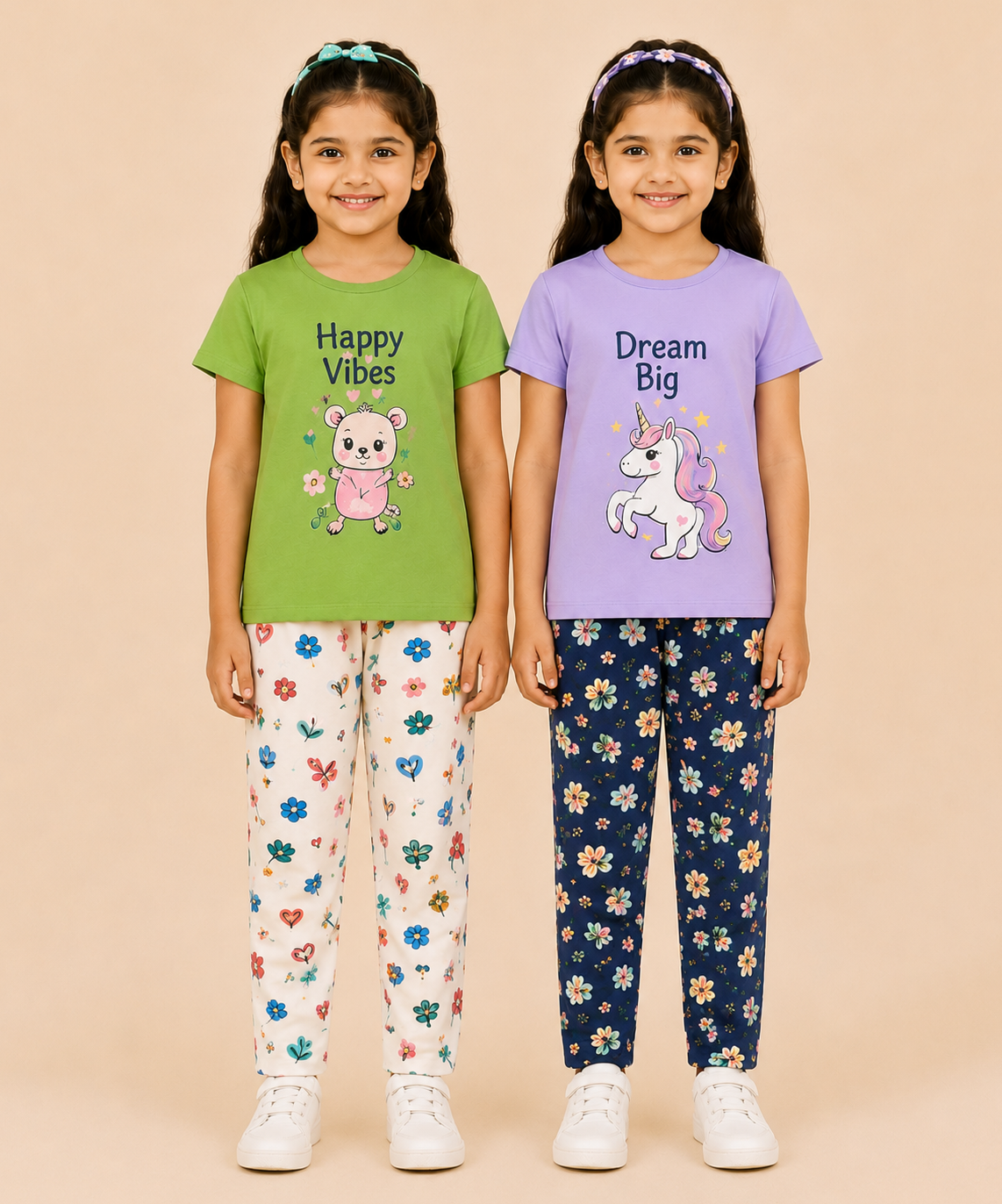 Girls Printed Cotton Night Suit Combo | Graphic Printed T-Shirts & Floral Night Pant | Age-2 to 6 Years | Pack Of 2 Sets