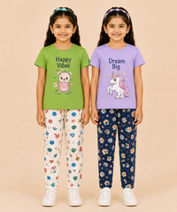Girls Printed Cotton Night Suit Combo | Graphic Printed T-Shirts & Floral Night Pant | Age-2 to 6 Years | Pack Of 2 Sets