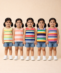 Cotton Stripes Kids Girls Sleeveless T-shirt (Pack of 5)