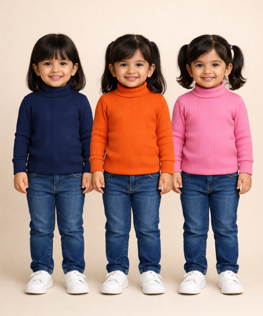 Kids Girls Full Sleeve Hi-Neck Plain Rib T-shirt | Age 0 to 5 Years (Pack of 3)