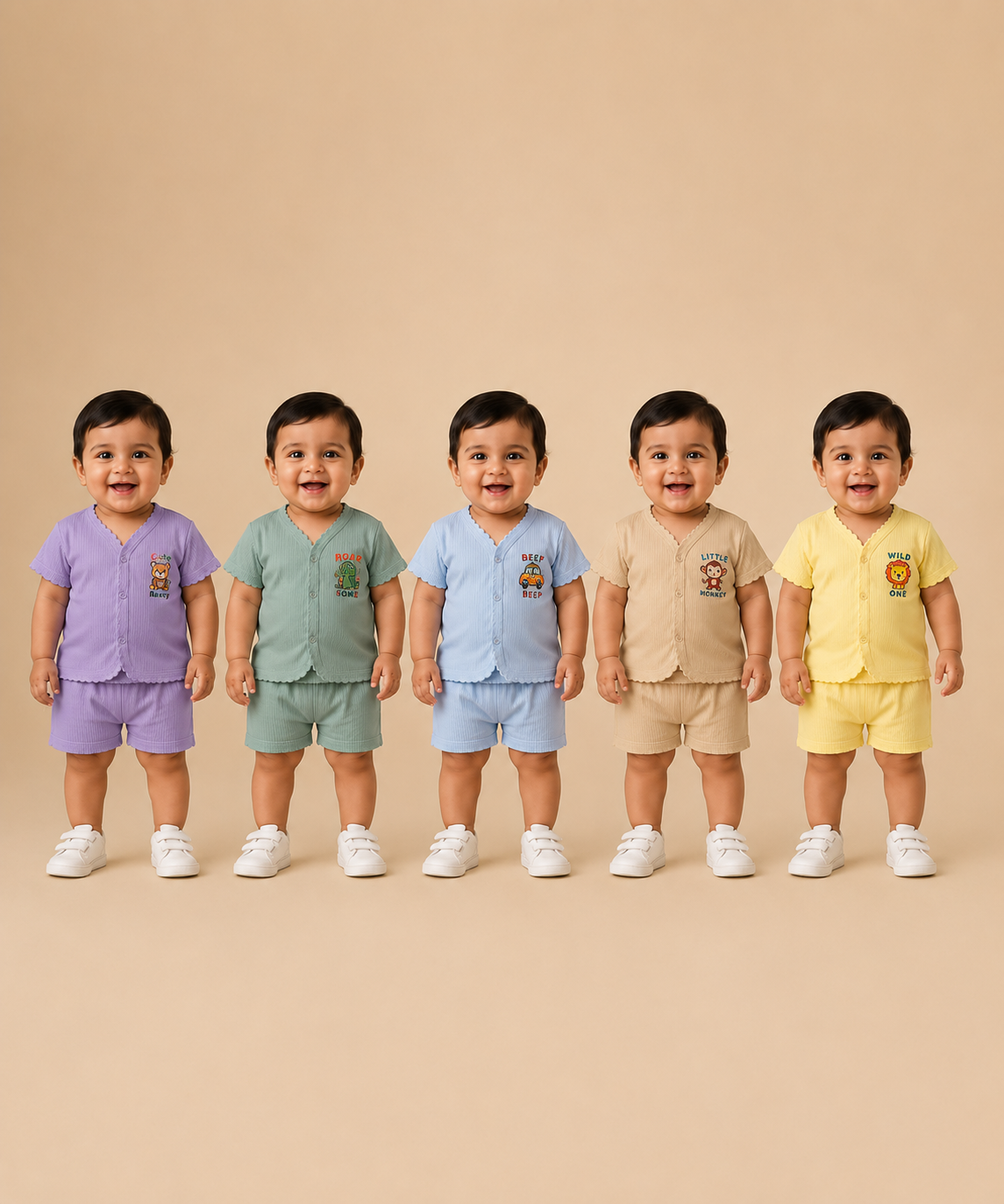 Boy & Girl Babies Poly Cotton Half Sleeve Printed Top & Shorts Co-ord Set | 0-6 Months (Pack of 5) - Style 4