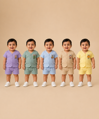 Boy & Girl Babies Poly Cotton Half Sleeve Printed Top & Shorts Co-ord Set | 0-6 Months (Pack of 5) - Style 4