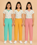 Girls Cotton Printed T-Shirt with Vertical Textured Lines Full-Length Pant Nightwear | Age 8 to 15 Years (Pack Of 3 Sets)