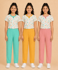 Girls Cotton Printed T-Shirt with Vertical Textured Lines Full-Length Pant Nightwear | Age 8 to 15 Years (Pack Of 3 Sets)