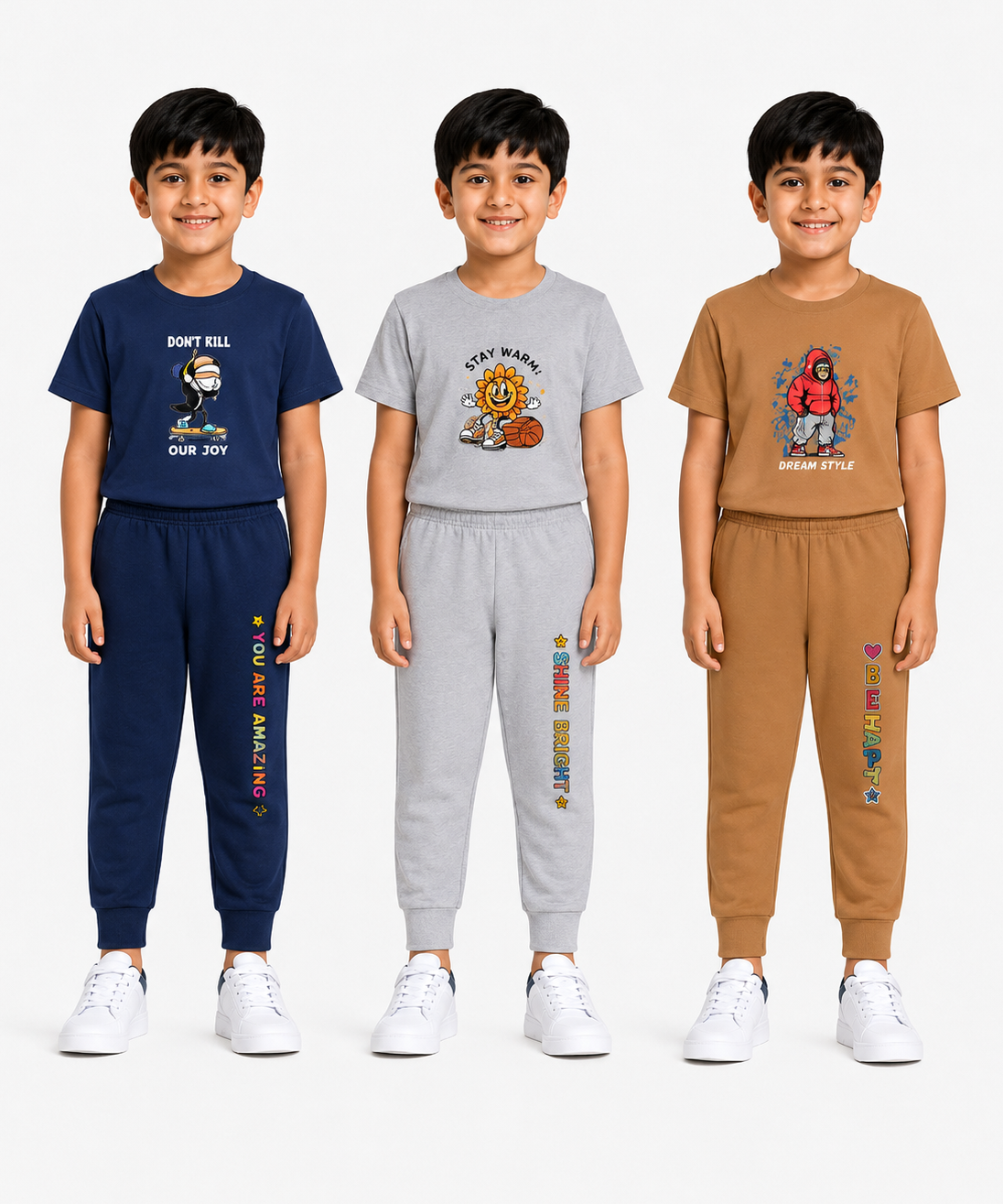 Boys Graphic Printed T-Shirt & Typography Track Pant Co-Ord Set | Age 2-5 Years | Pack Of 3 Set