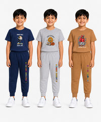 Boys Graphic Printed T-Shirt & Typography Track Pant Co-Ord Set | Age 2-5 Years | Pack Of 3 Set