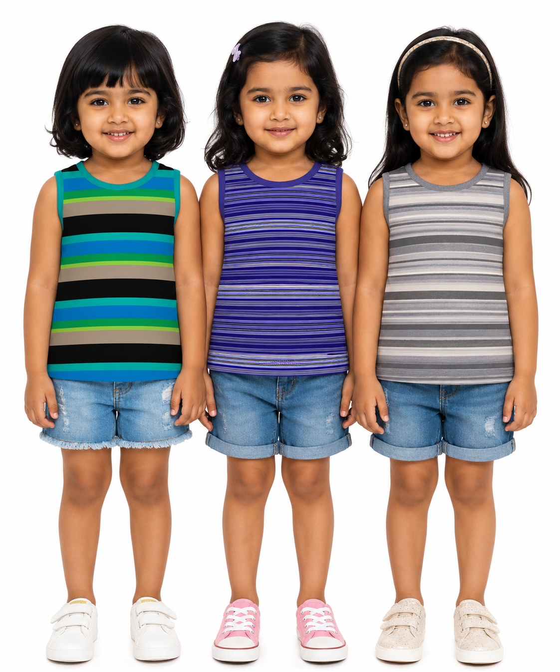 Cotton Stripes Girls Kids Sleeveless Tshirt (Pack of 3)