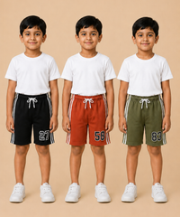 Kids Double Side Stripe Sports Shorts | Cotton Casual Shorts for Boys | Age 6-9 Years | Pack Of 3 Pieces Combo