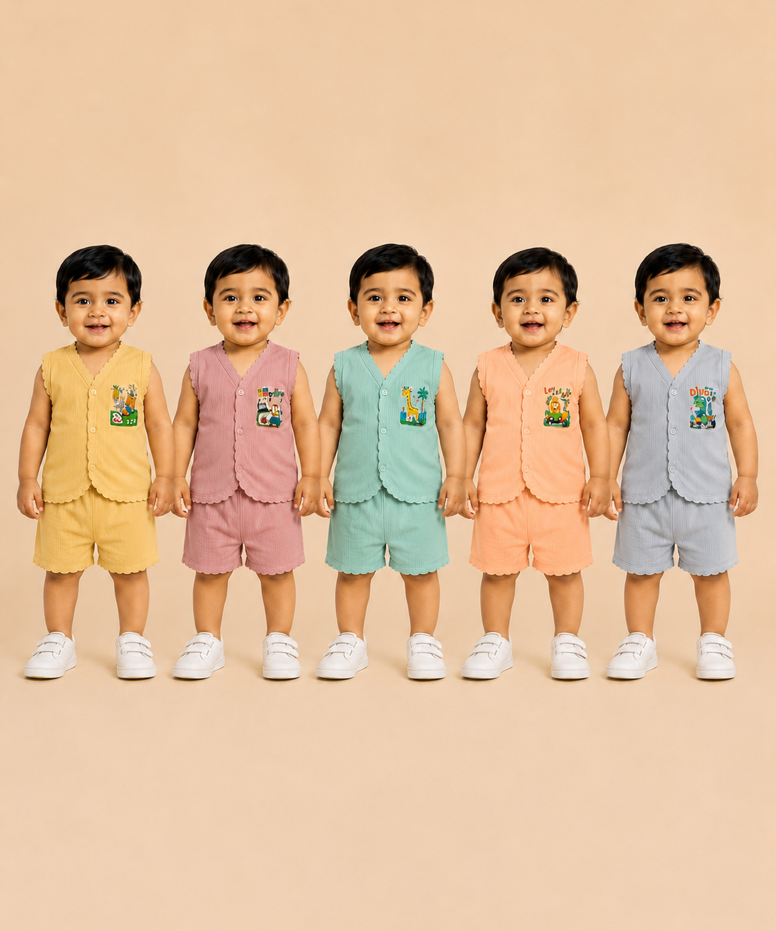 Boy & Girl Babies Poly Cotton Sleeveless Printed Top & Shorts Co-ord Set | 0-6 Months (Pack of 5) - Style 3