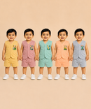 Boy & Girl Babies Poly Cotton Sleeveless Printed Top & Shorts Co-ord Set | 0-6 Months (Pack of 5) - Style 3