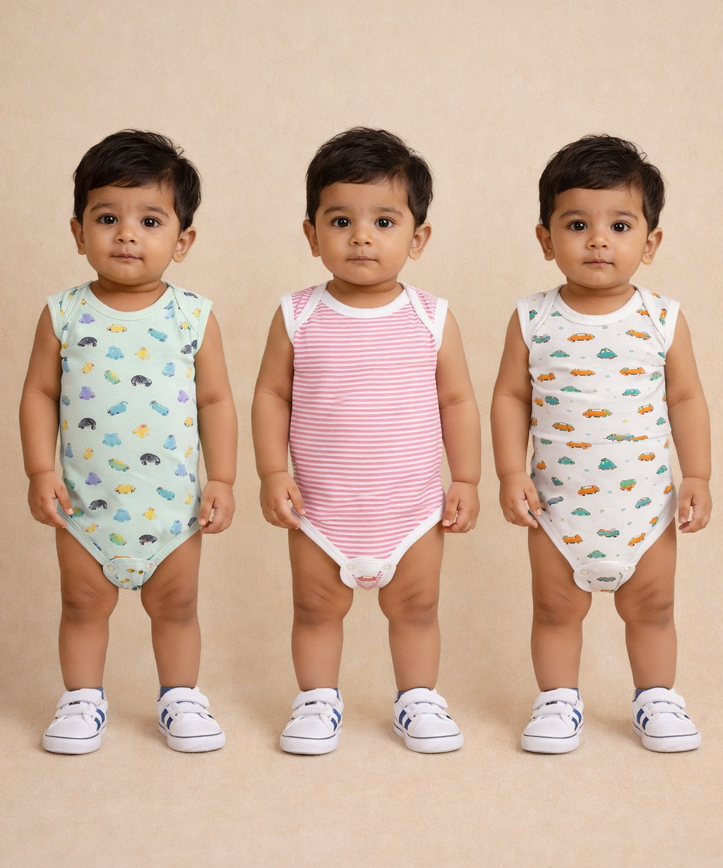 Boy & Girl Baby Sleeveless Bodysuit | 100% Pure Cotton | Age 0-12 Months (Pack of 3 Combo)