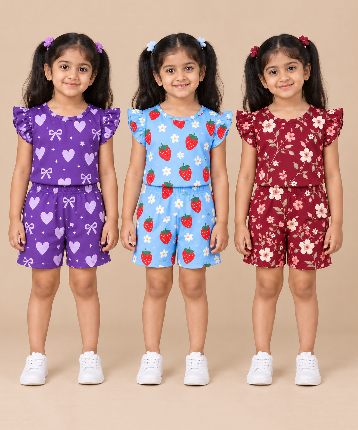 Girls All Over Printed | Flutter Sleeve Tshirt and Shorts Co-ord Set | Age 0 to 3 Years (Pack of 3 Sets)
